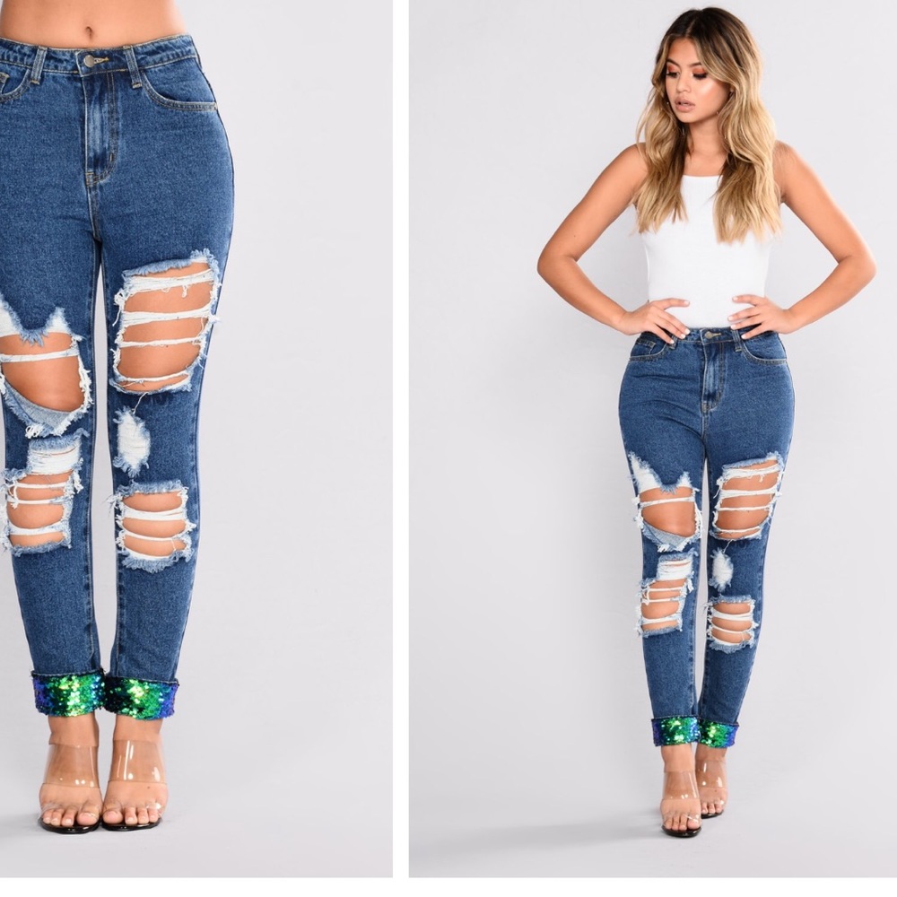 Ripped jeans with sequin embellishment.